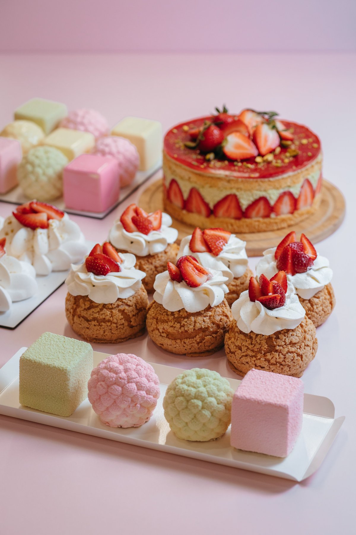 Fresh pastries displayed in a bakery case