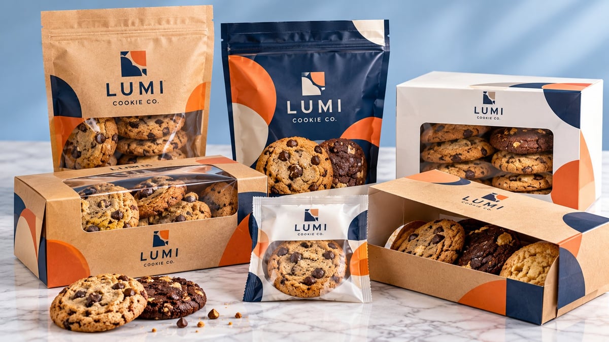 LUMI branded cookie packaging display showing resealable pouches, boxes, and individual packages with assorted cookies on white marble surface