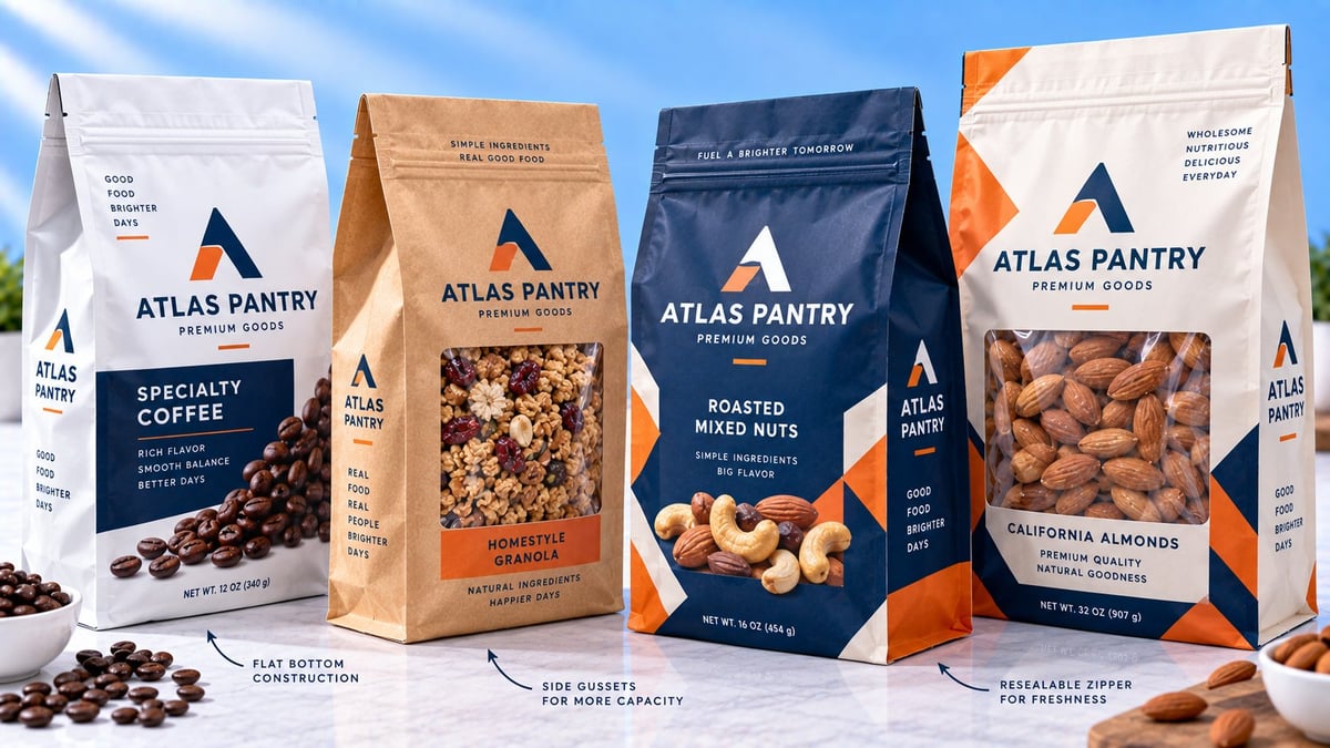 Four Atlas Pantry product packages including specialty coffee, granola, roasted cashews, and coffee, displayed with scattered ingredients