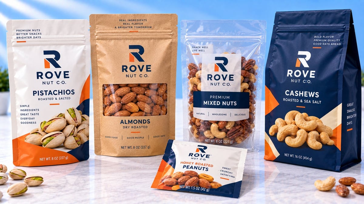 Four packaged ROVE nut products displayed: pistachios, almonds, mixed nuts, and cashews with a small sample packet in front