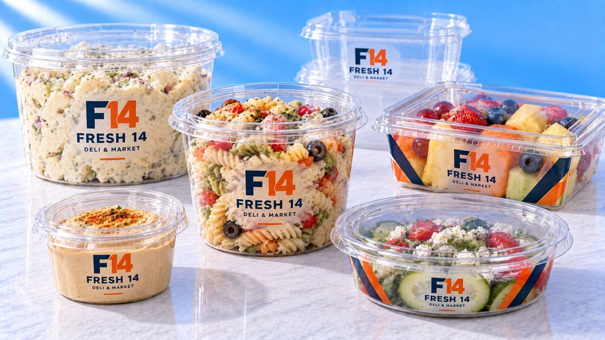 Fresh 14 Deli Market branded food containers displaying various salads and prepared meals in clear plastic packaging against a blue background