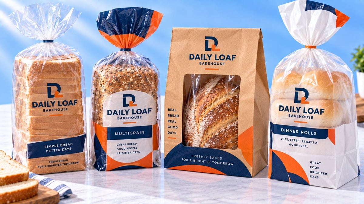 Daily Loaf bakery product line showing four packaged bread varieties including whole grain and dinner rolls