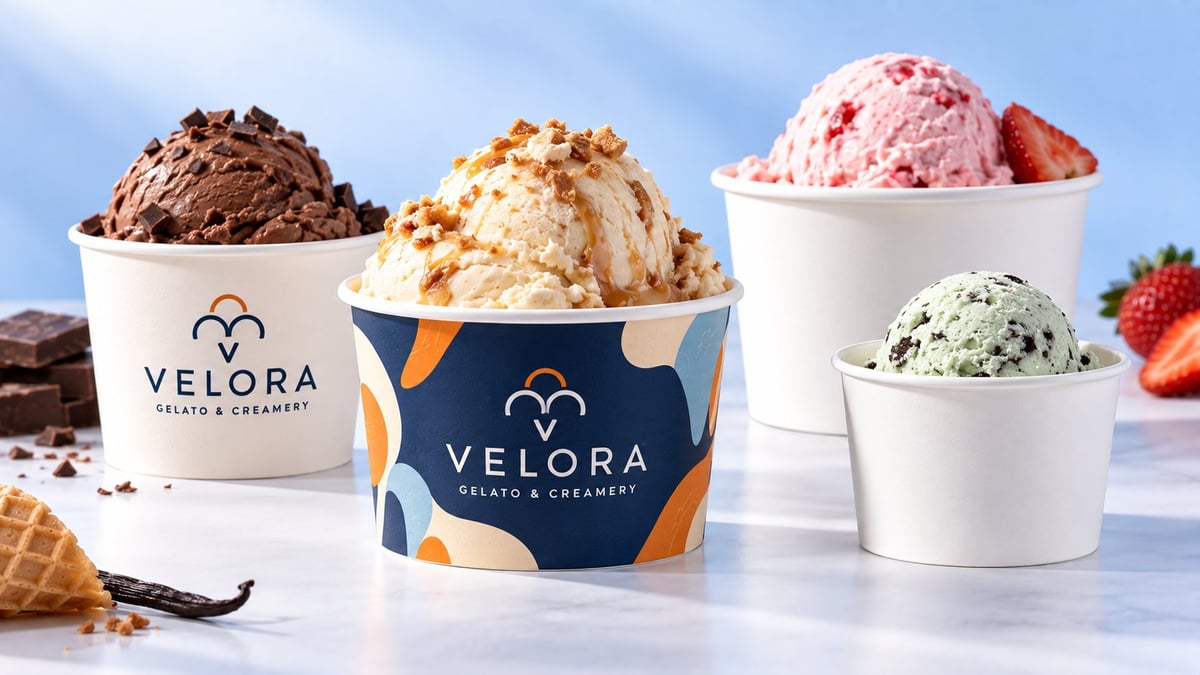 Velora gelato cups with various flavors including chocolate, vanilla, strawberry, and mint displayed with fresh strawberries and waffle cones