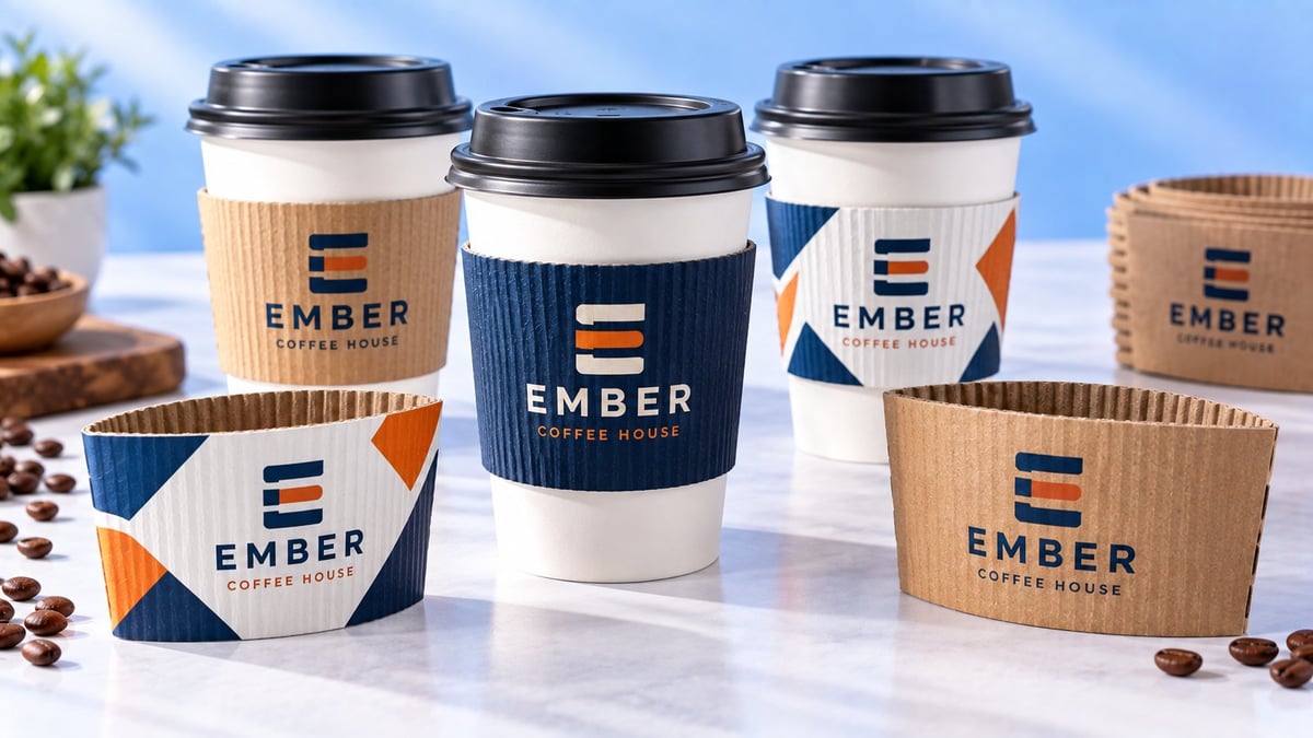 Ember Coffee House branded cups and sleeves with navy and orange geometric logo displayed with coffee beans