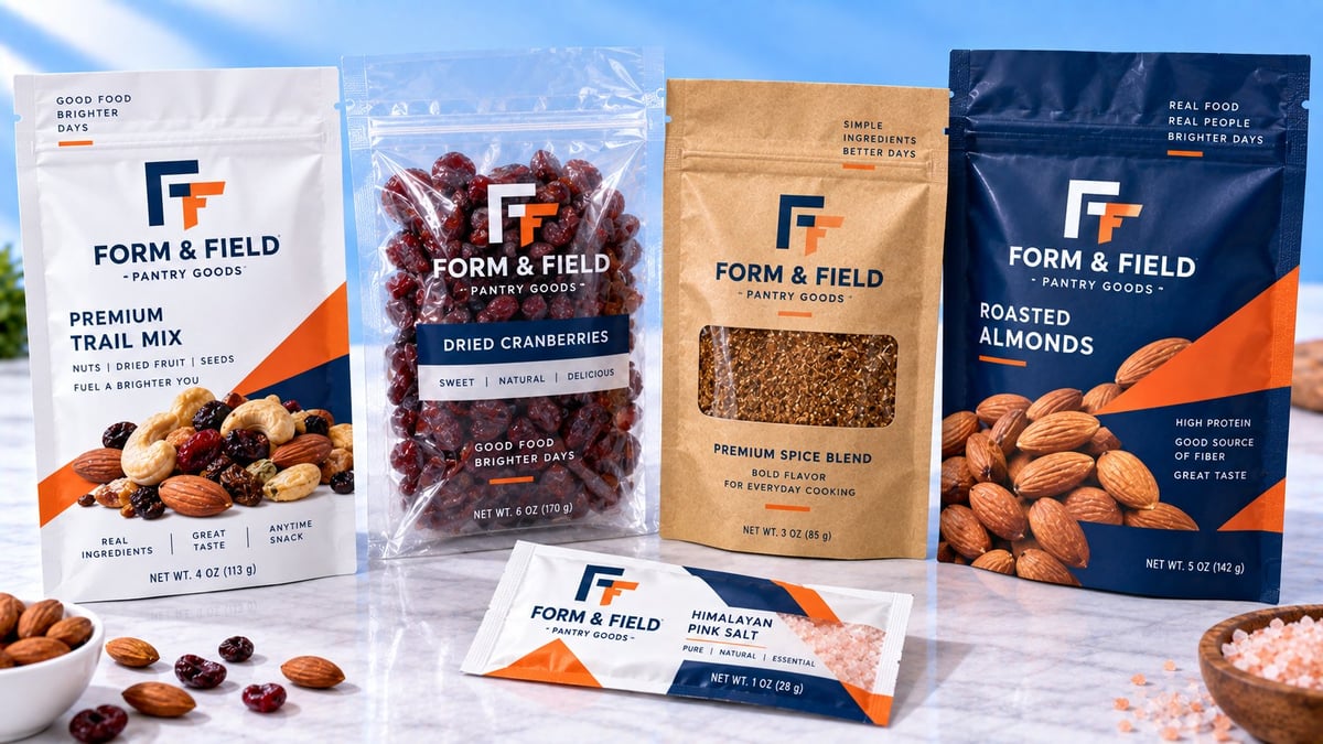 Form & Field snack product line featuring four packaging bags of trail mix, dried cranberries, seeds, and roasted almonds displayed with loose snacks on white surface.