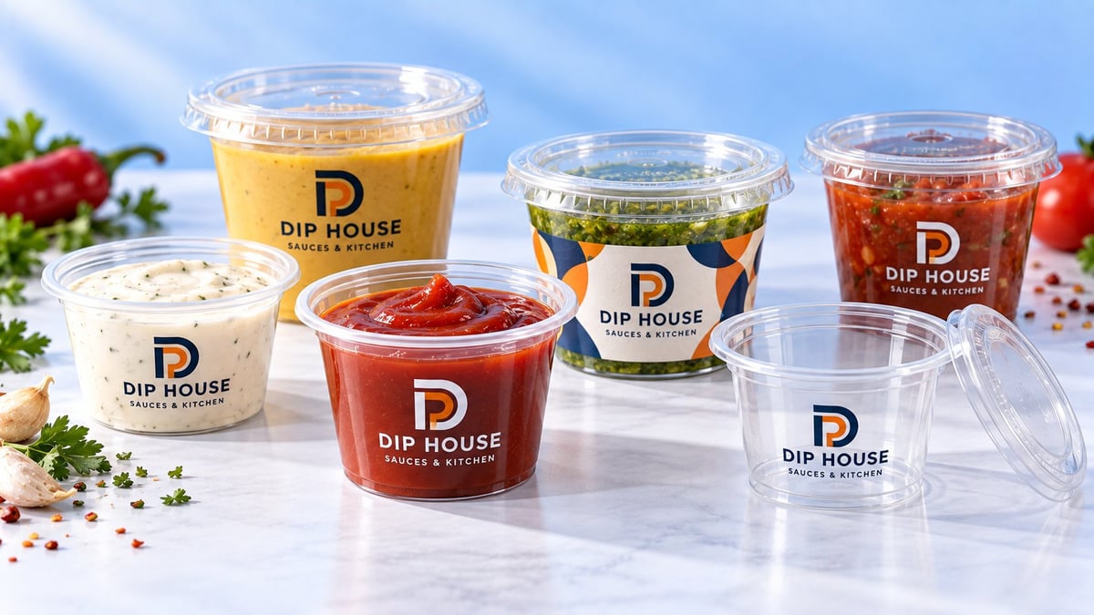 Assorted Dip House branded condiment cups with various sauces including creamy, red, and green varieties displayed on white surface