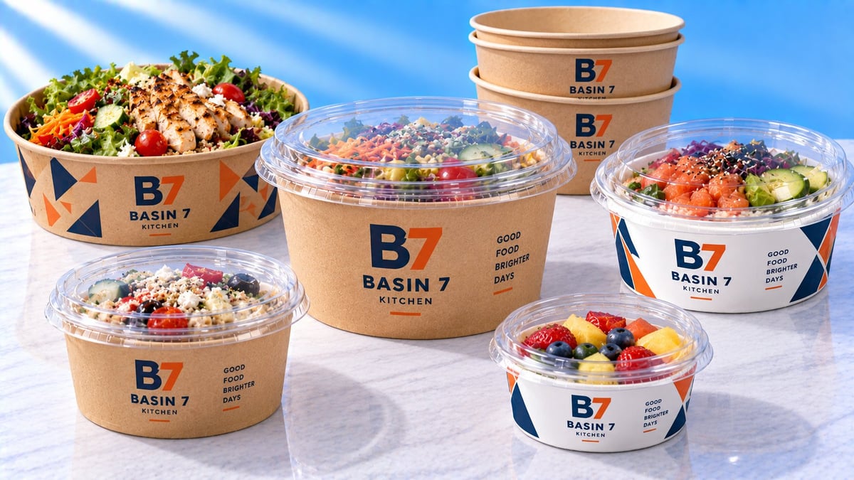 Basin 7 restaurant takeout bowls with various salads and grain bowls in different sizes arranged on a white surface against a blue background