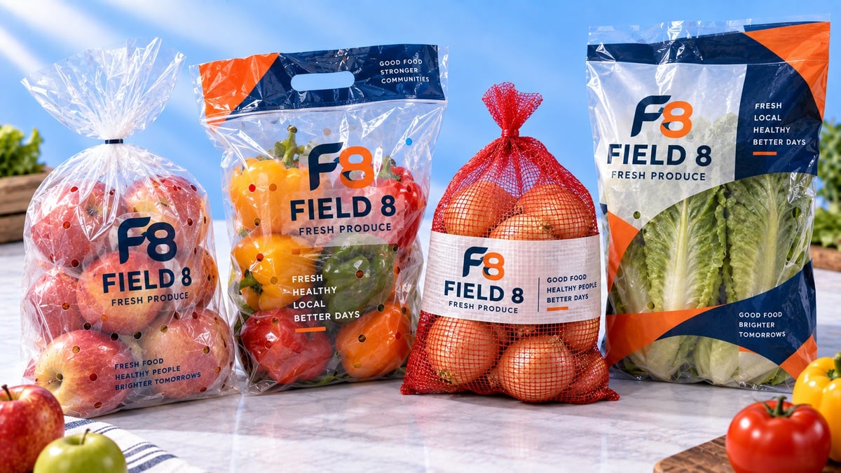 Field 8 fresh produce packaging displaying apples, potatoes, onions, and lettuce in mesh bags on a white surface.