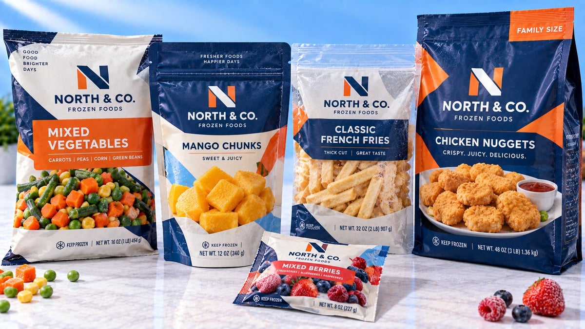 Four North & Co. frozen food packages displayed: mixed vegetables, mango chunks, French fries, and chicken nuggets