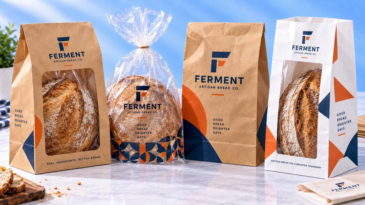Four artisan bread packages from Ferment Bakery displayed against a blue sky background with wheat and baking ingredients