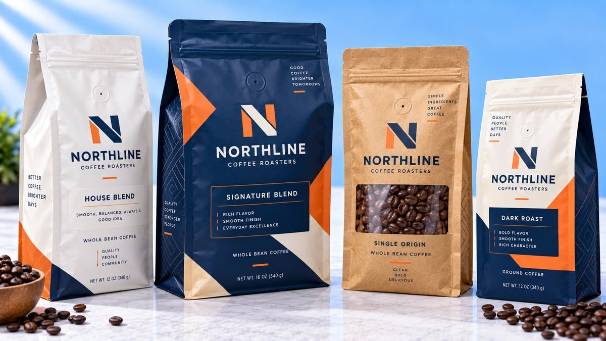 Four Northline coffee bags in white, dark blue, kraft, and white packaging displayed with coffee beans scattered at the base