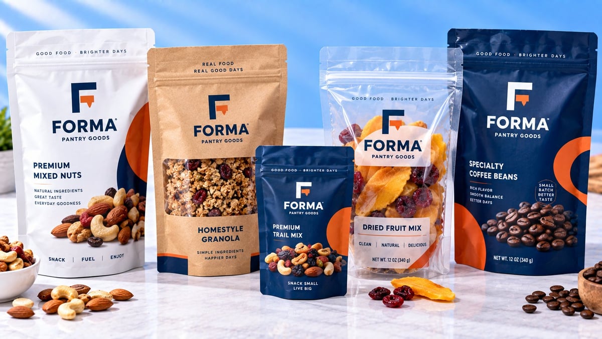 Four FORMA branded pouches displaying premium mixed nuts, homestyle granola, dried fruit mix, and specialty coffee beans with their products displayed on a white surface.