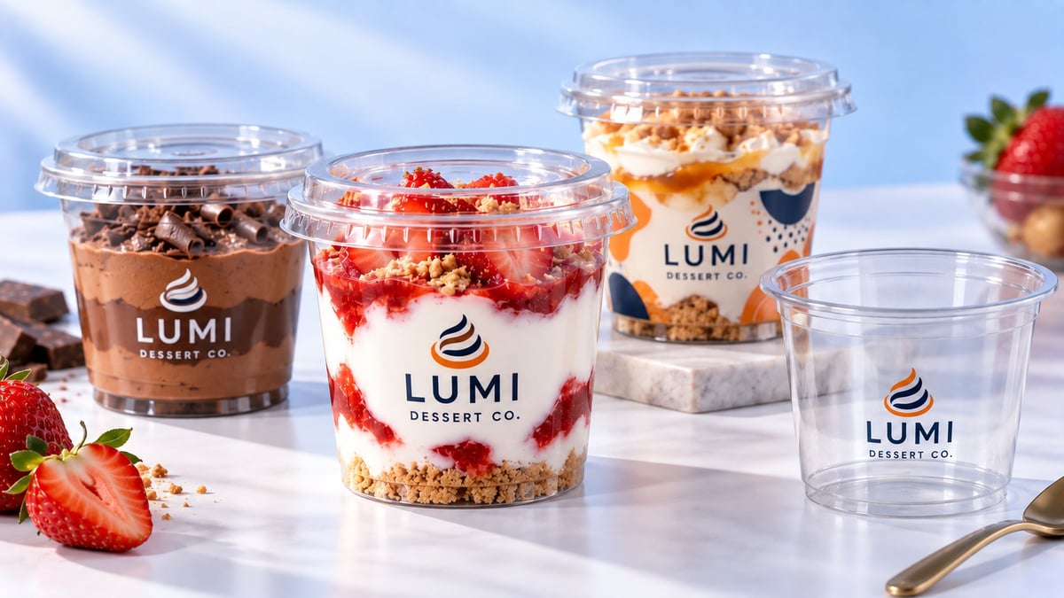 LUMI Desserts layered parfaits in clear cups featuring chocolate, strawberry, and caramel varieties with granola and fresh fruit
