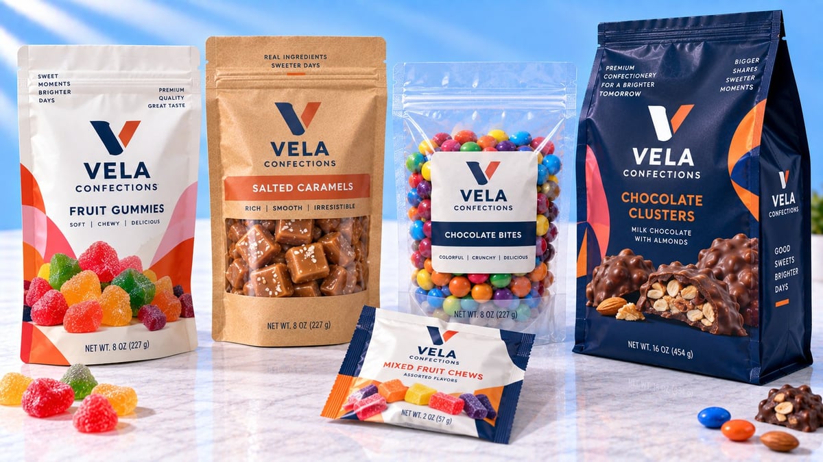 VELA brand product lineup featuring fruit gummies, granola, colorful candy mix, and chocolate clusters in various packaging displayed on marble surface