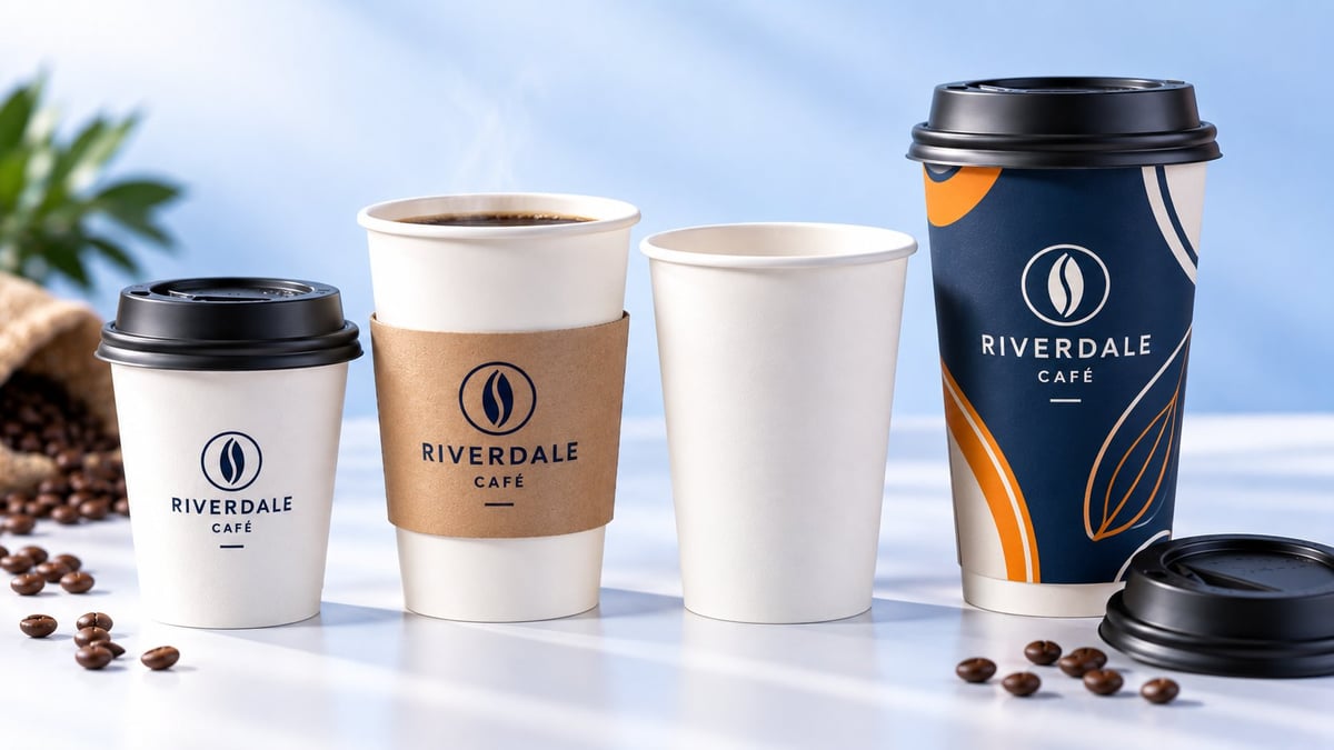 Riverdale Cafe branded coffee cups in various sizes with lids, surrounded by coffee beans and tropical plants against a light blue background