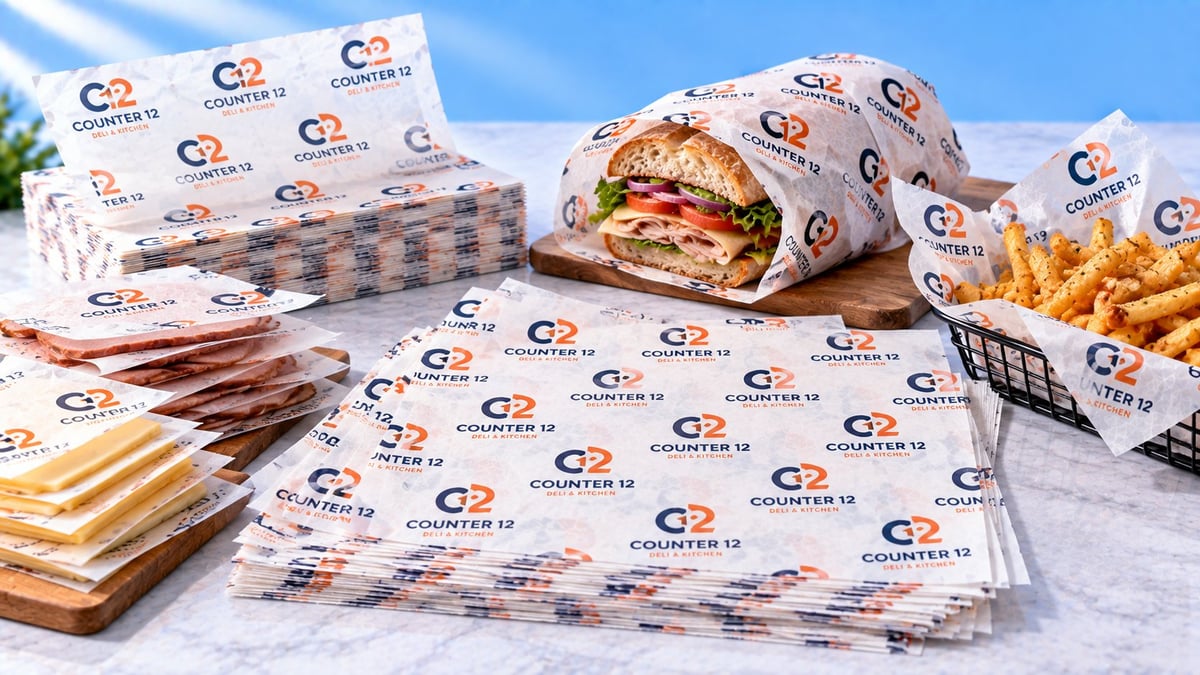 Counter 52 branded burger meal setup with wrapped burger, french fries in basket, and stacked items on branded paper