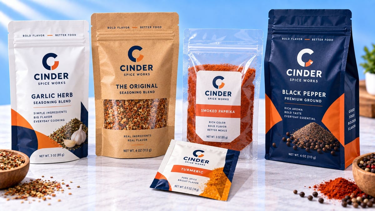 Cinder brand spice collection featuring four packaged products: garlic herb, seasoning blend, ginger turmeric, and black pepper flavors displayed outdoors.