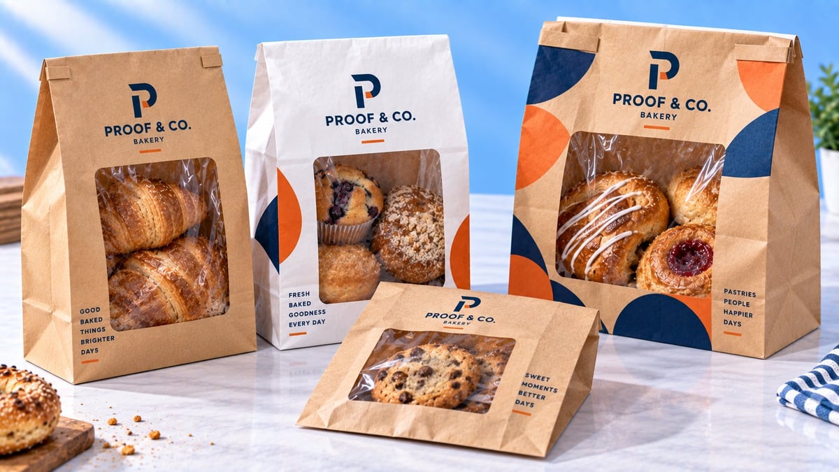 Four kraft paper packaging bags and a box from Proof & Co. displaying various baked goods like cookies and pastries against a blue sky background.