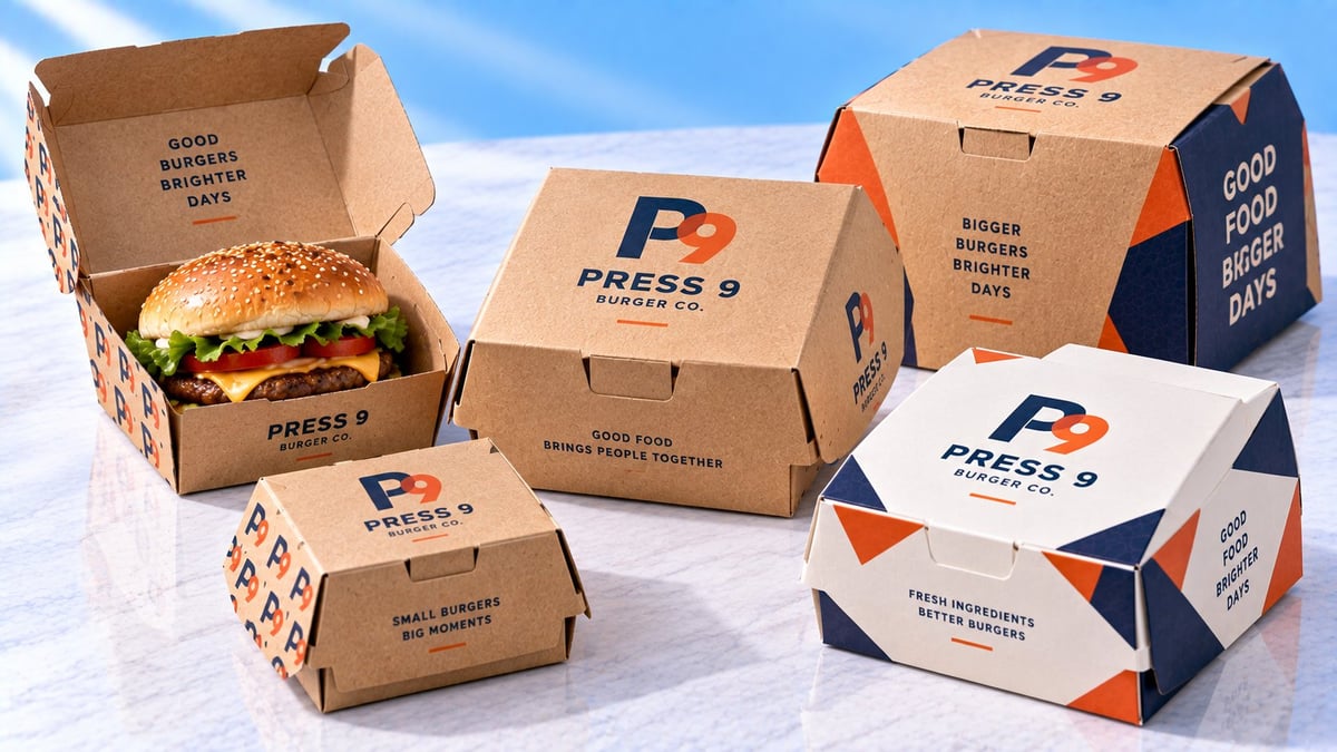 Press 9 branded cardboard food packaging boxes of various sizes displayed against blue sky background