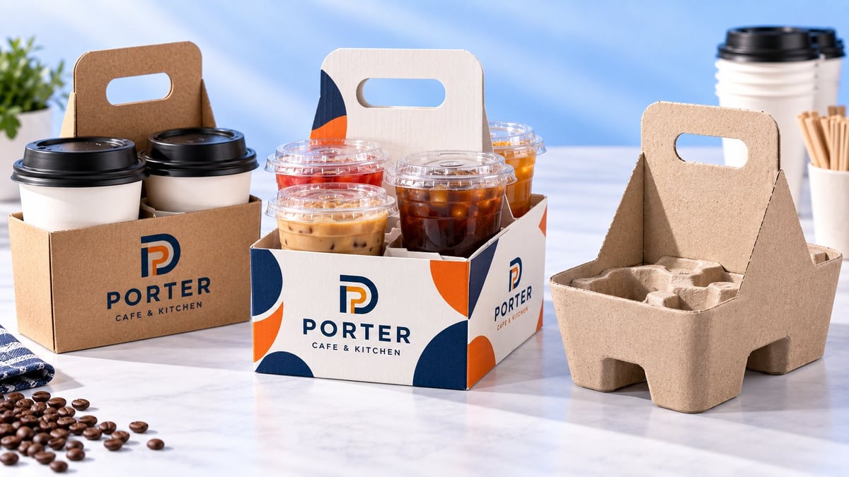 Porter Cafe cardboard carriers holding coffee cups, beverage bottles, and egg carton-style holders displaying branded takeaway packaging