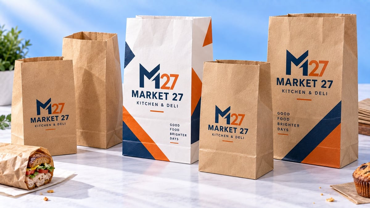 Market 27 branded kraft paper bags with orange and navy logo design displayed with blue sky background