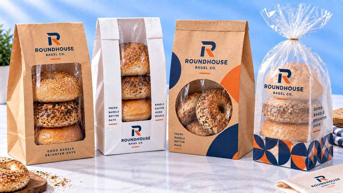 Roundhouse Bakery paper packaging displaying assorted seeded crackers and baked goods against a blue sky background