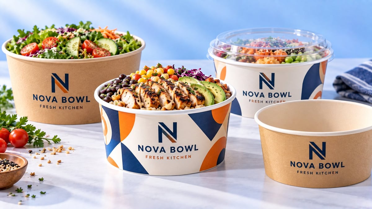 Four Nova Bowl branded containers with colorful salads and bowls displayed against a blue sky background