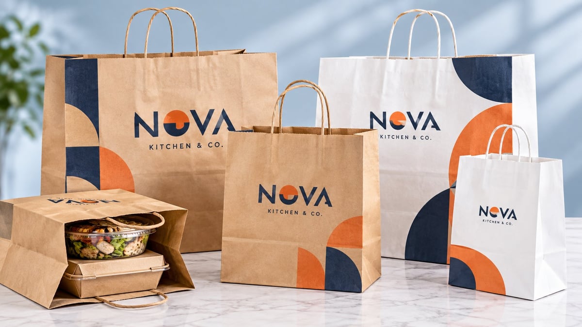 Branded paper shopping bags for Nova Kitchen & Co in various sizes with orange and navy design elements, one containing food