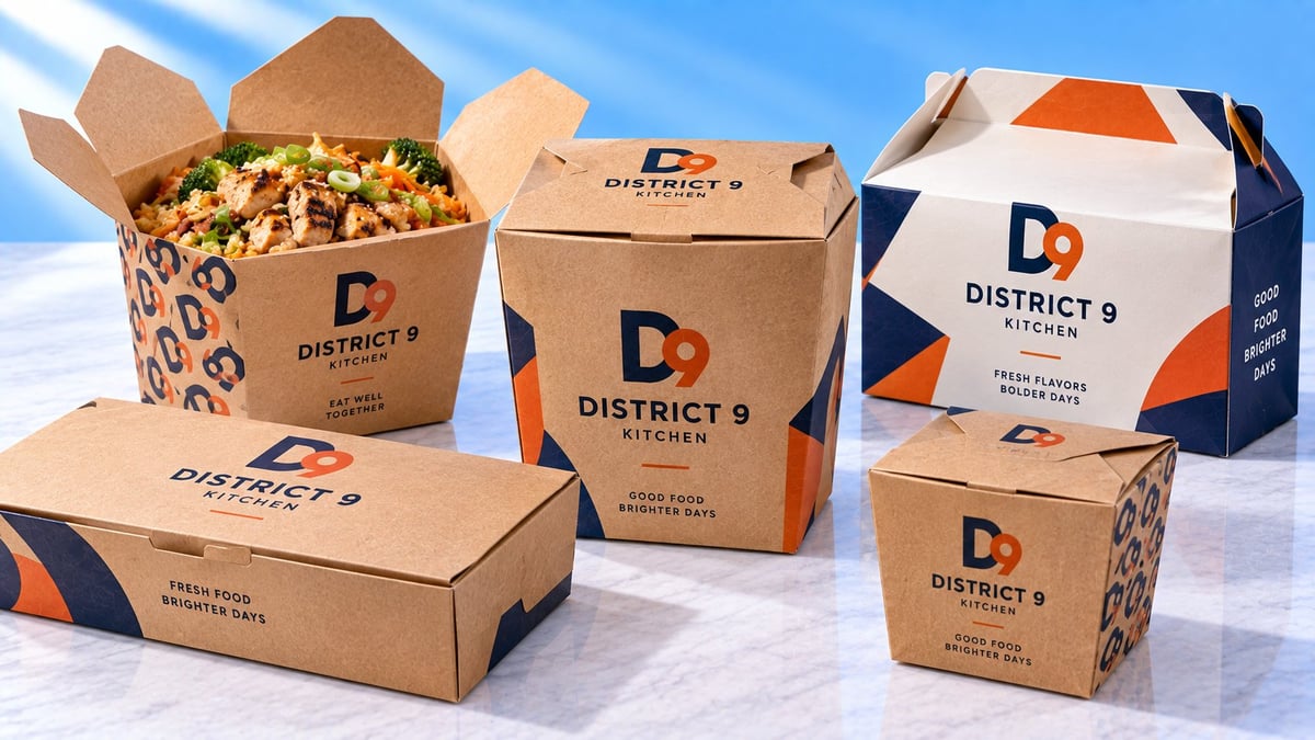 District 9 Kitchen branded takeout containers in various sizes and shapes with colorful logo design on white marble surface