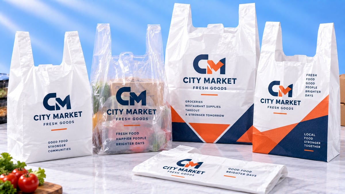 City Market branded white plastic shopping bags and napkins displayed with fresh produce on a sunny day