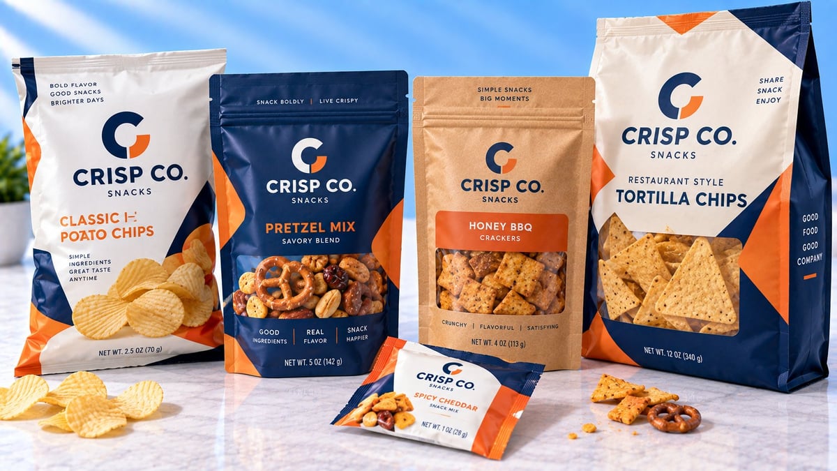 Crisp Co. snack product line displayed with four bags of chips and a snack packet on white surface