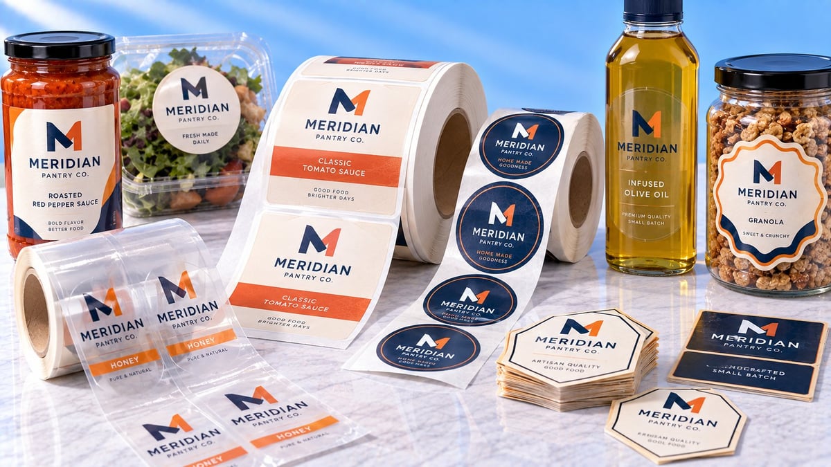 Meridian brand product collection including jars, bottles, labels, and stickers displayed on white surface with blue sky background