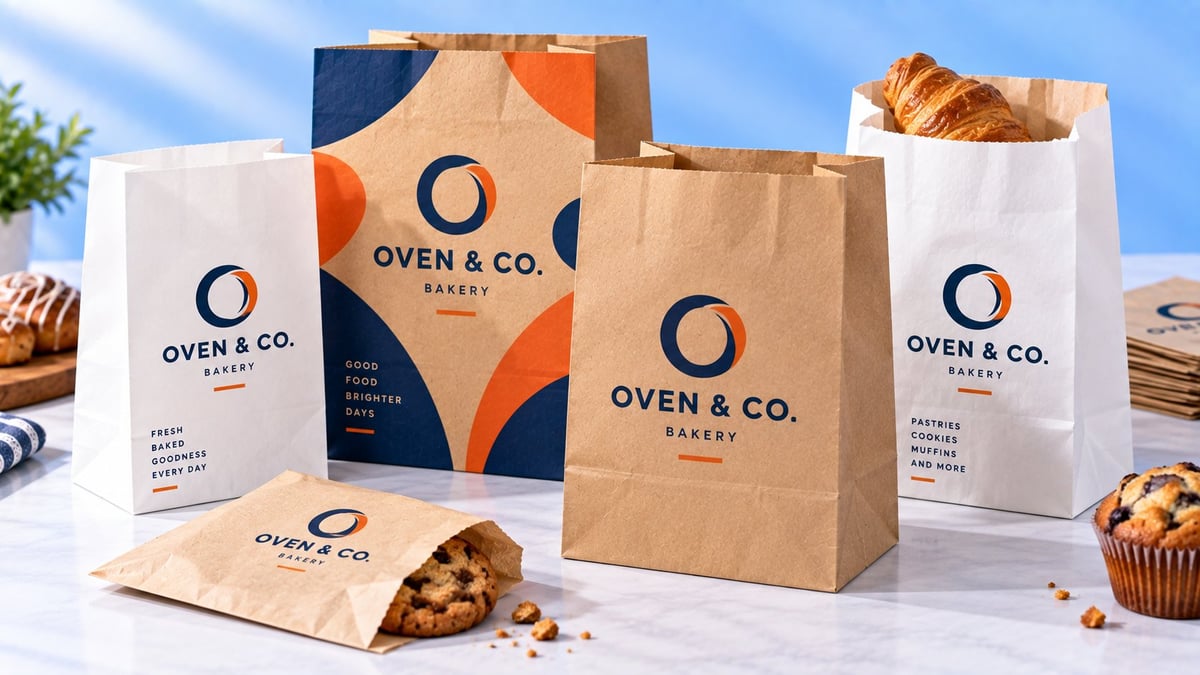 Oven & Co. Bakery branded paper bags and packaging displaying logo with baked goods like croissants and muffins.