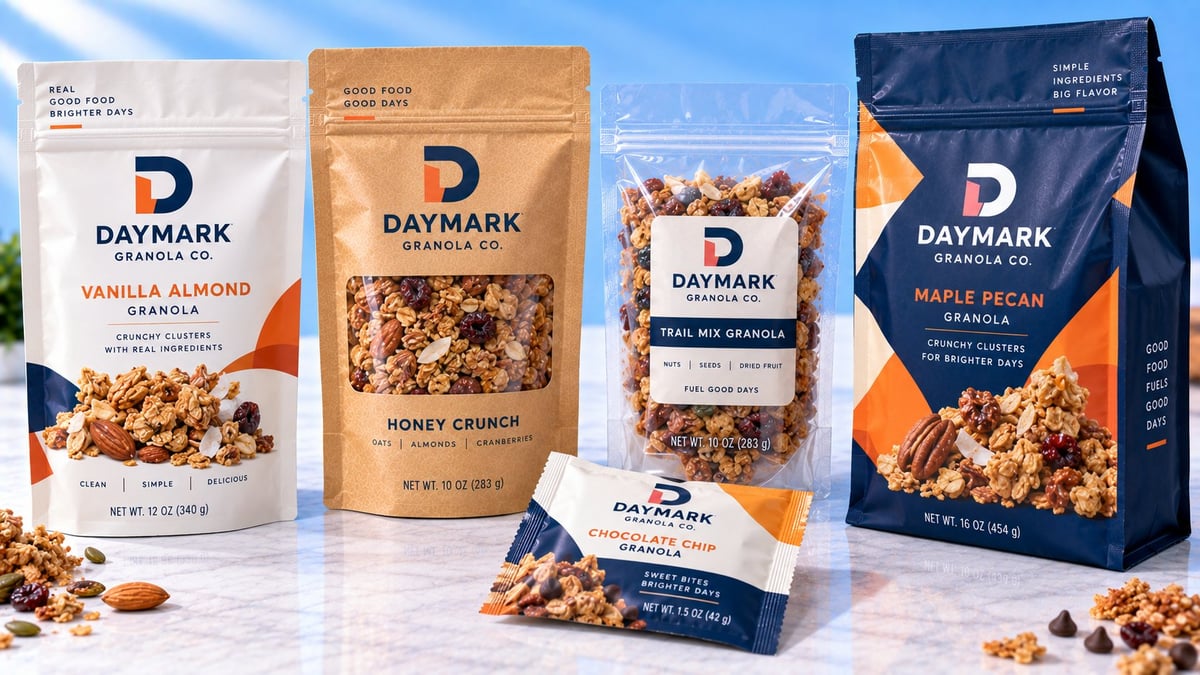 Daymark Granola product lineup featuring four varieties: Vanilla Almond, Honey Crunch, Classic, and Maple Pecan in different sized packaging on a marble surface.