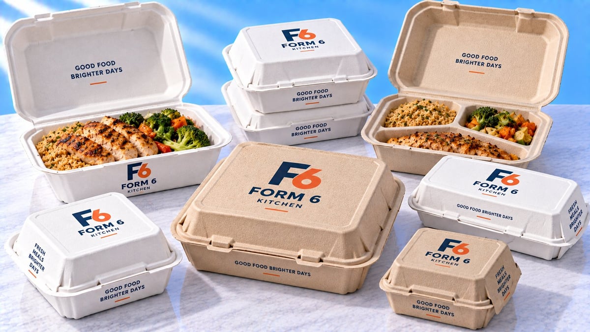 FORM 6 branded takeout containers in various sizes with prepared meals displayed, showing food packaging for delivery or catering service.