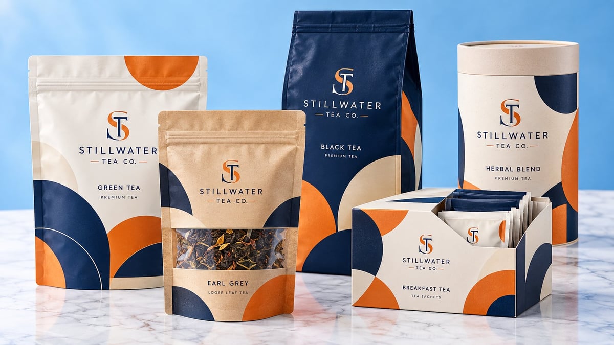 Stillwater Tea Co product line display showing various tea packaging in white, navy, and orange design