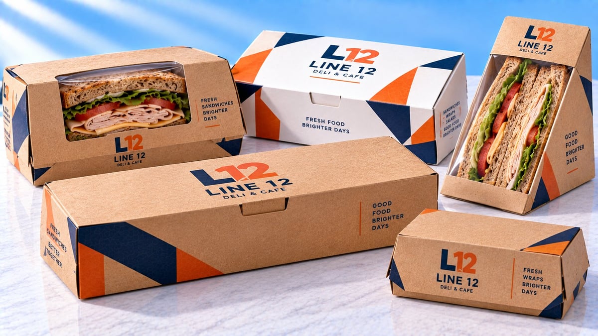 LINE 12 branded takeout boxes displaying sandwiches and prepared food items in various cardboard packaging sizes