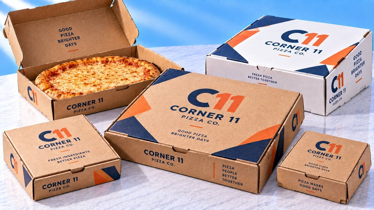 Various sized Corner 11 branded pizza boxes displayed against a blue sky background, showing packaging options