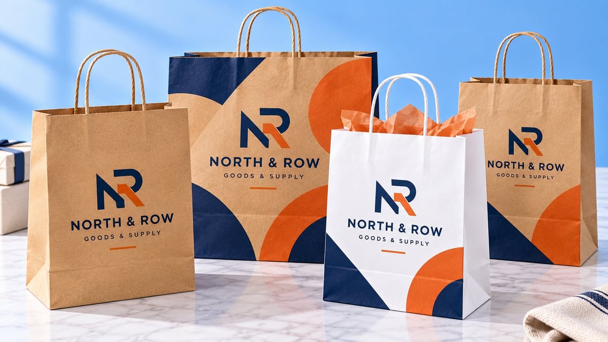 North and Row branded shopping bags in kraft and white paper with navy and orange curved design accents