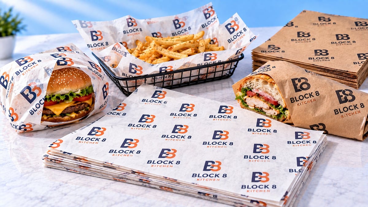 Block 8 branded fast food restaurant display with cheeseburger, fries, and wrap on white marble counter