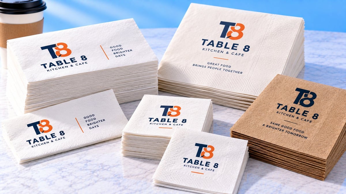 Stacks of branded Table 8 business cards in white and kraft paper displayed on a blue and white marble surface