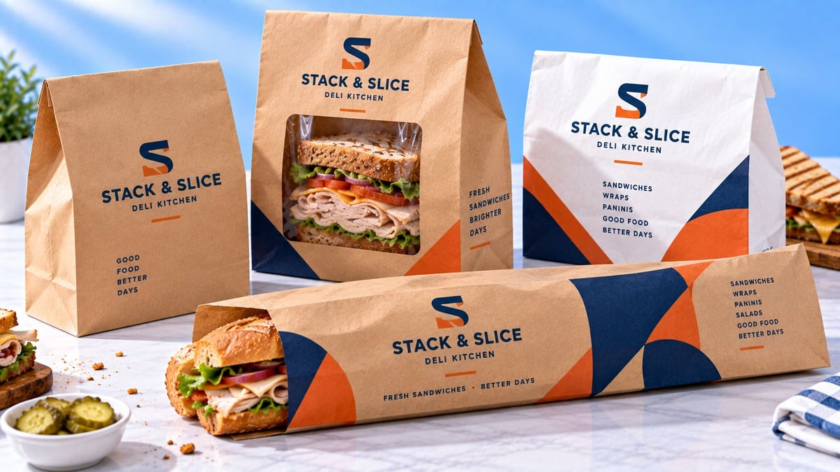 Stack & Slice food packaging collection including brown paper bags, white box, and wrapped sandwich on a light surface with blue sky background