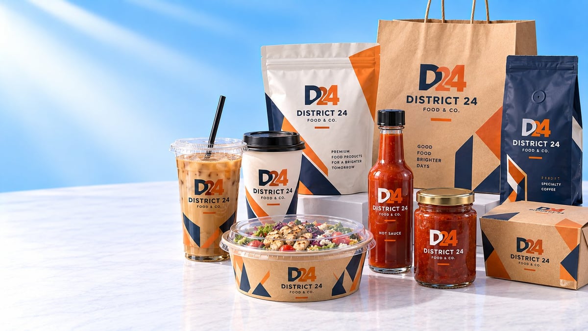 Custom printed packaging including cups, food bags, pouches, takeout boxes and glass bottles