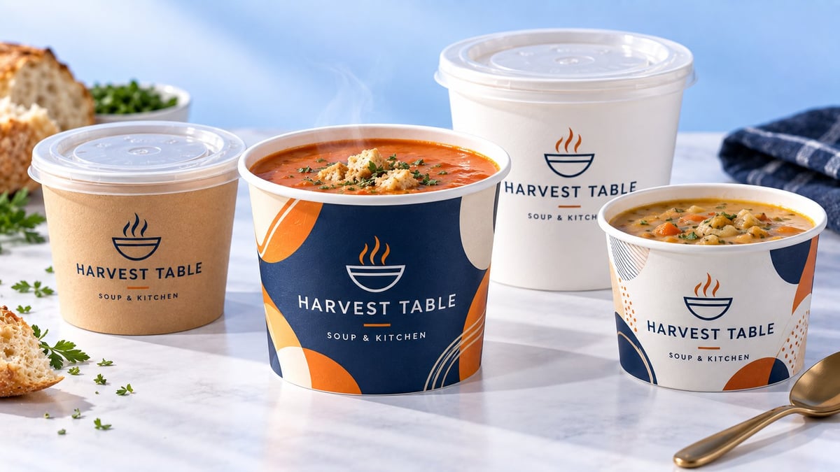 Harvest Table branded soup containers in various sizes displaying soups with toppings, arranged on a white surface with bread and spoon